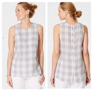 J Jill Love Linen Button Up Back Gray Plaid Tank Blouse Size Large